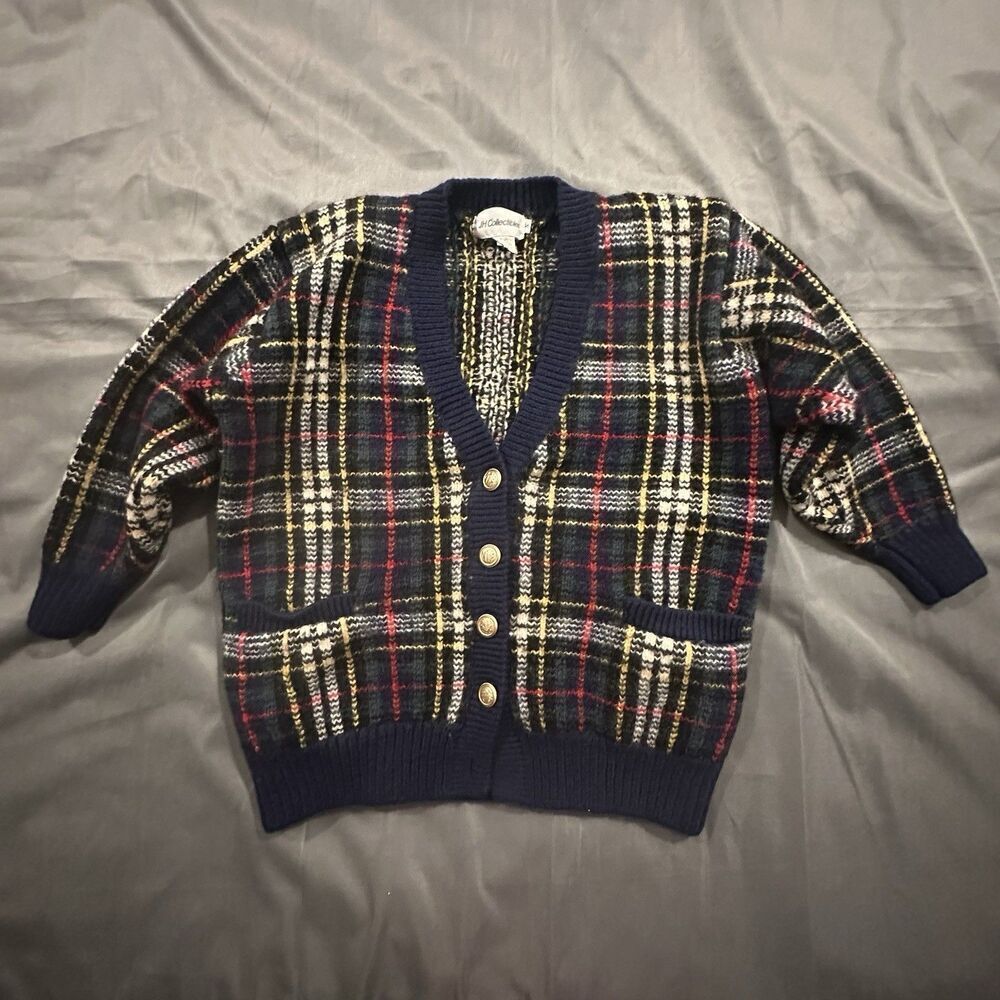 Vintage 80s JH Collectibles Cardigan Sweater Womens Small Plaid Wool Long Sleeve